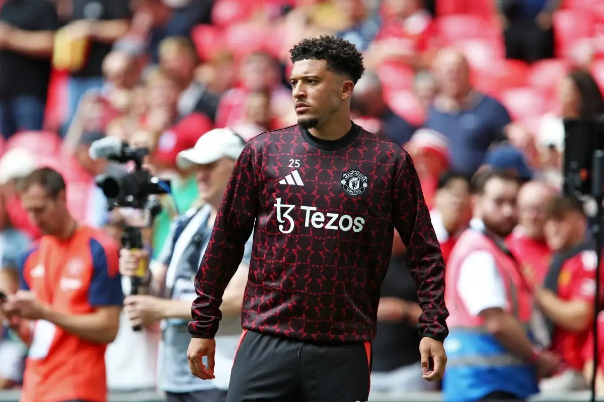 Jadon Sancho for Manchester United in warm-up gear